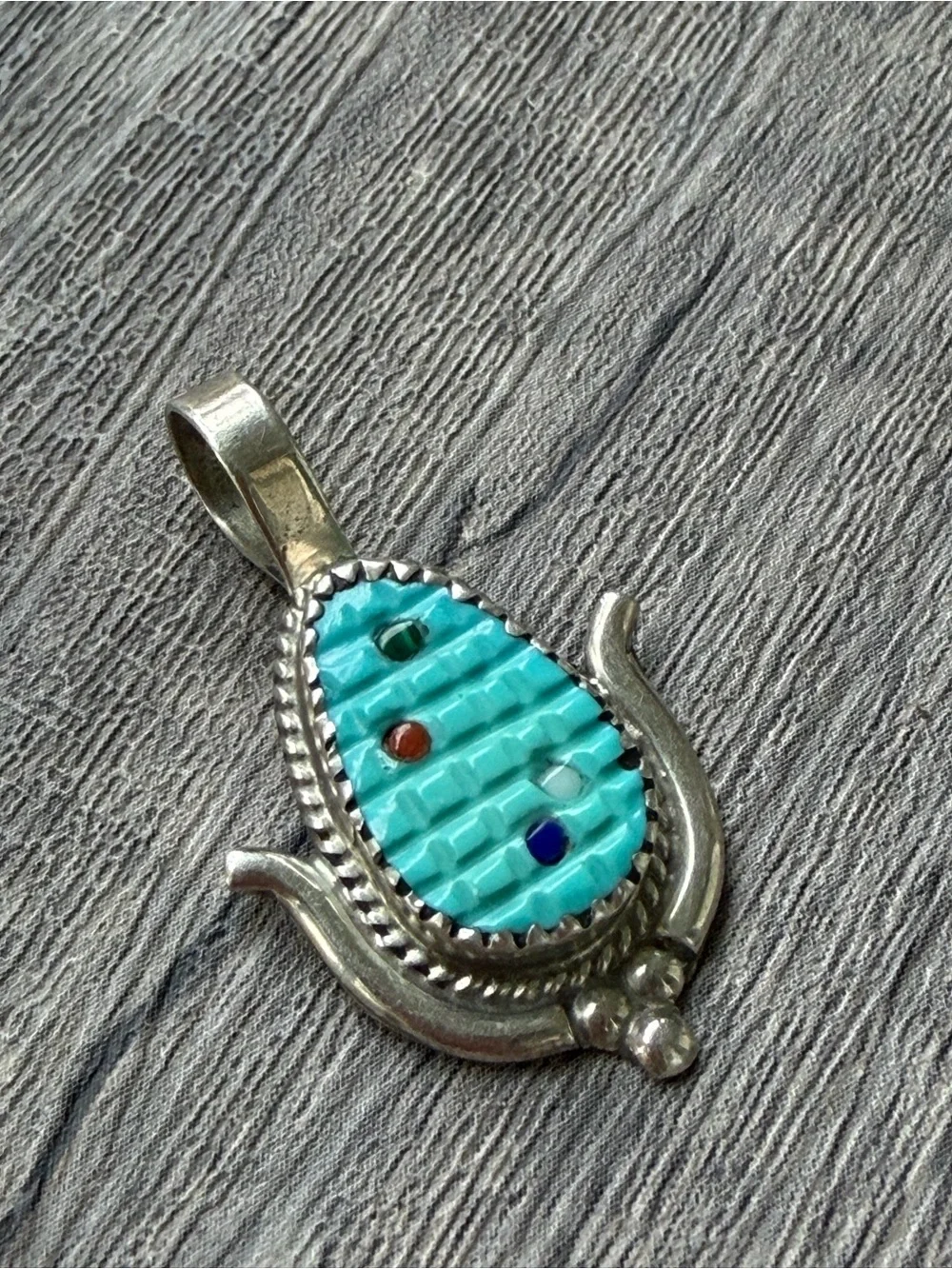 Native American Zuni Handmade Turquoise Corn Multi-Stone Teardrop Pendant Inlay